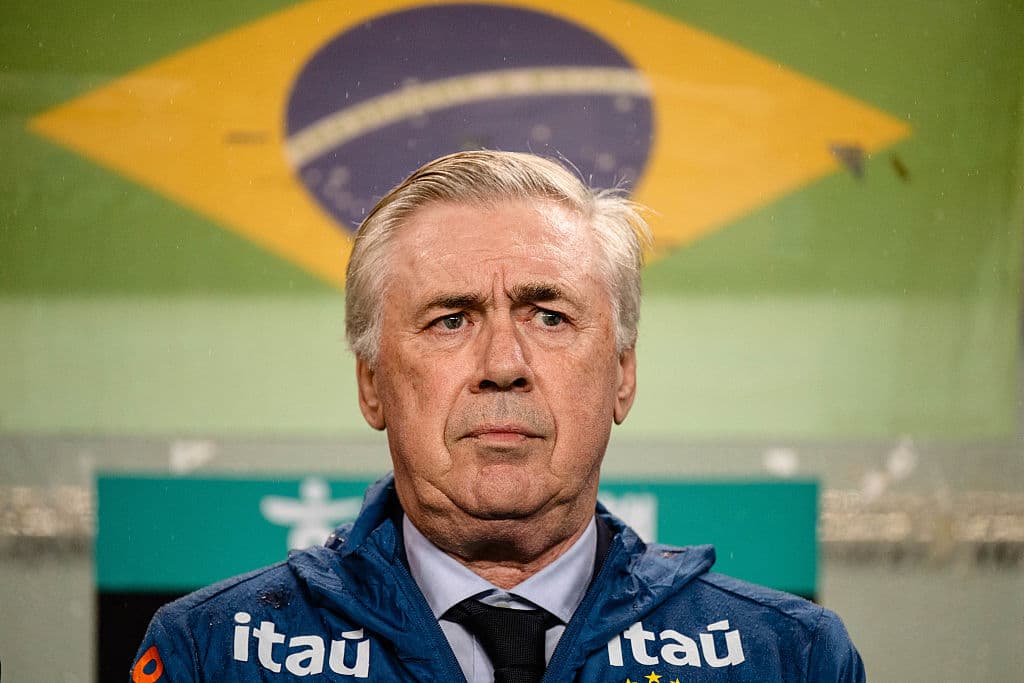 Entrenador en conferencia con bandera de Brasil de fondo Entrenador en conferencia con bandera de Brasil de fondo