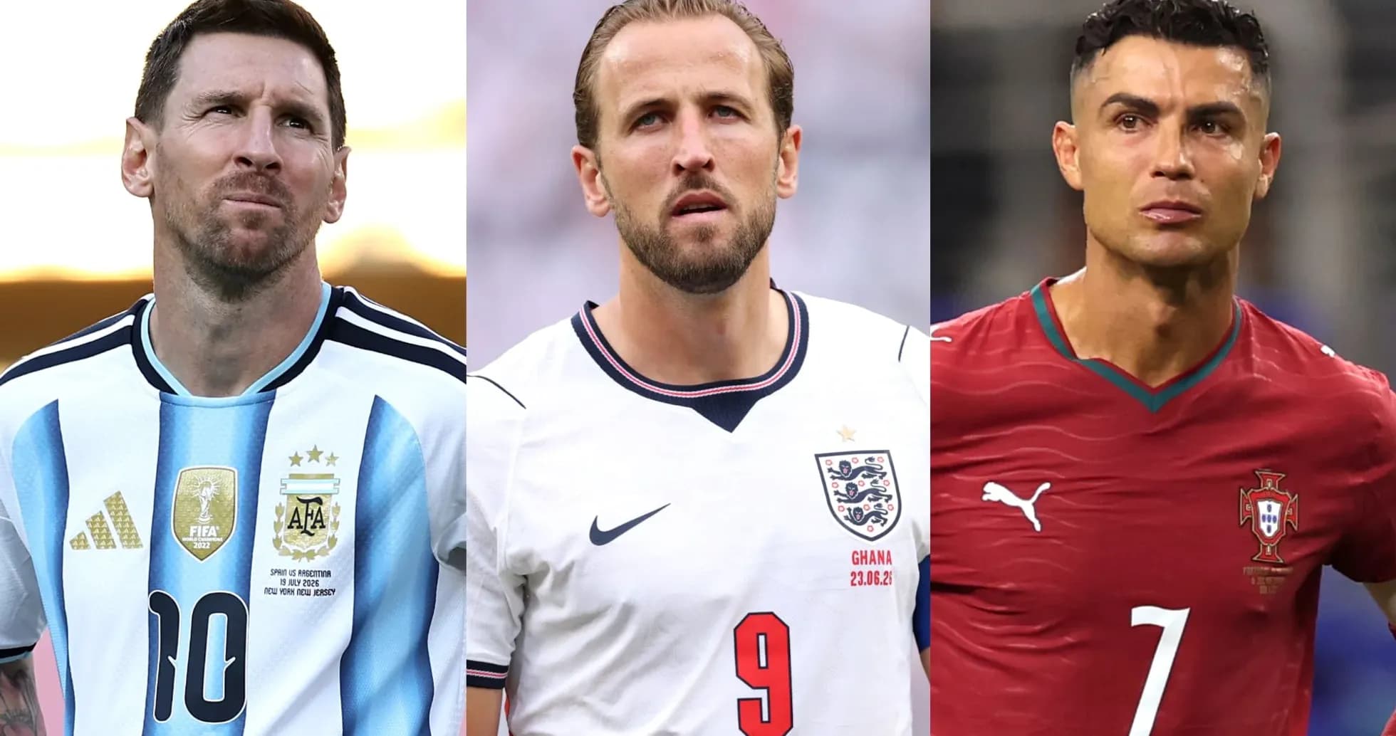 Lionel Messi, Harry Kane y Cristiano Ronaldo mirando al frente Lionel Messi, Harry Kane y Cristiano Ronaldo mirando al frente
