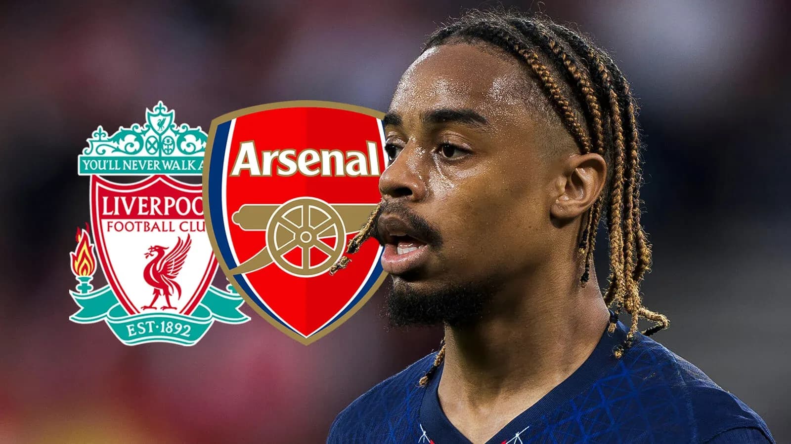 Jugador con trenzas junto a logos de Liverpool y Arsenal Jugador con trenzas junto a logos de Liverpool y Arsenal