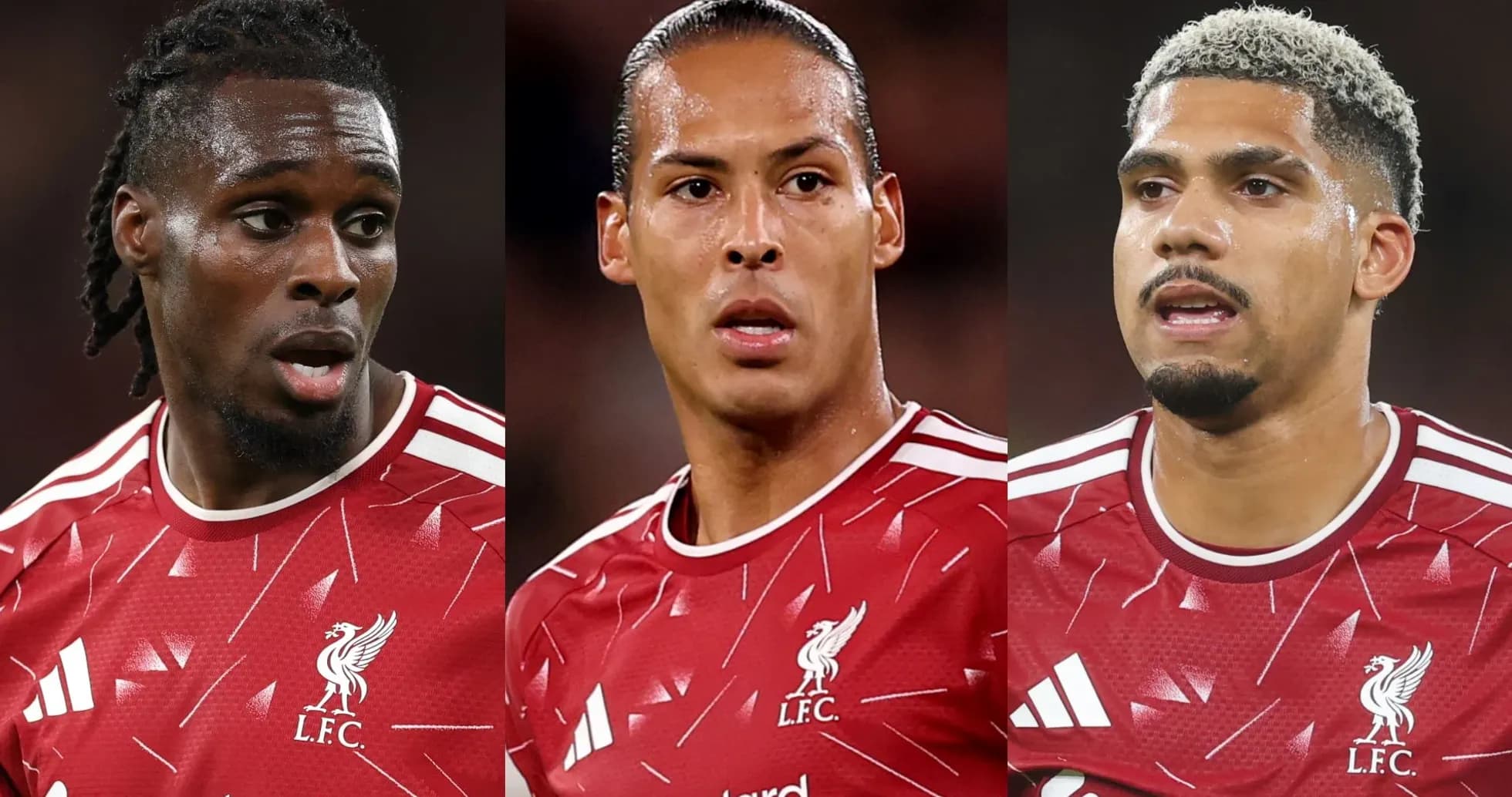 Tres jugadores de Liverpool en uniforme rojo Tres jugadores de Liverpool en uniforme rojo