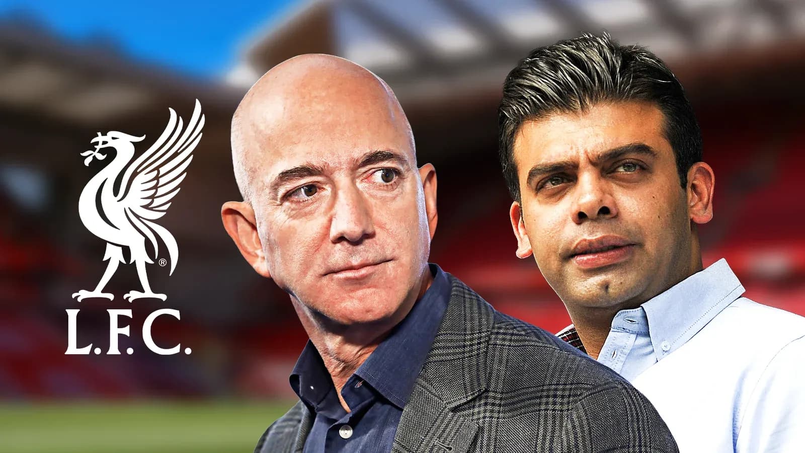 Jeff Bezos y otro hombre frente a Anfield Jeff Bezos y otro hombre frente a Anfield