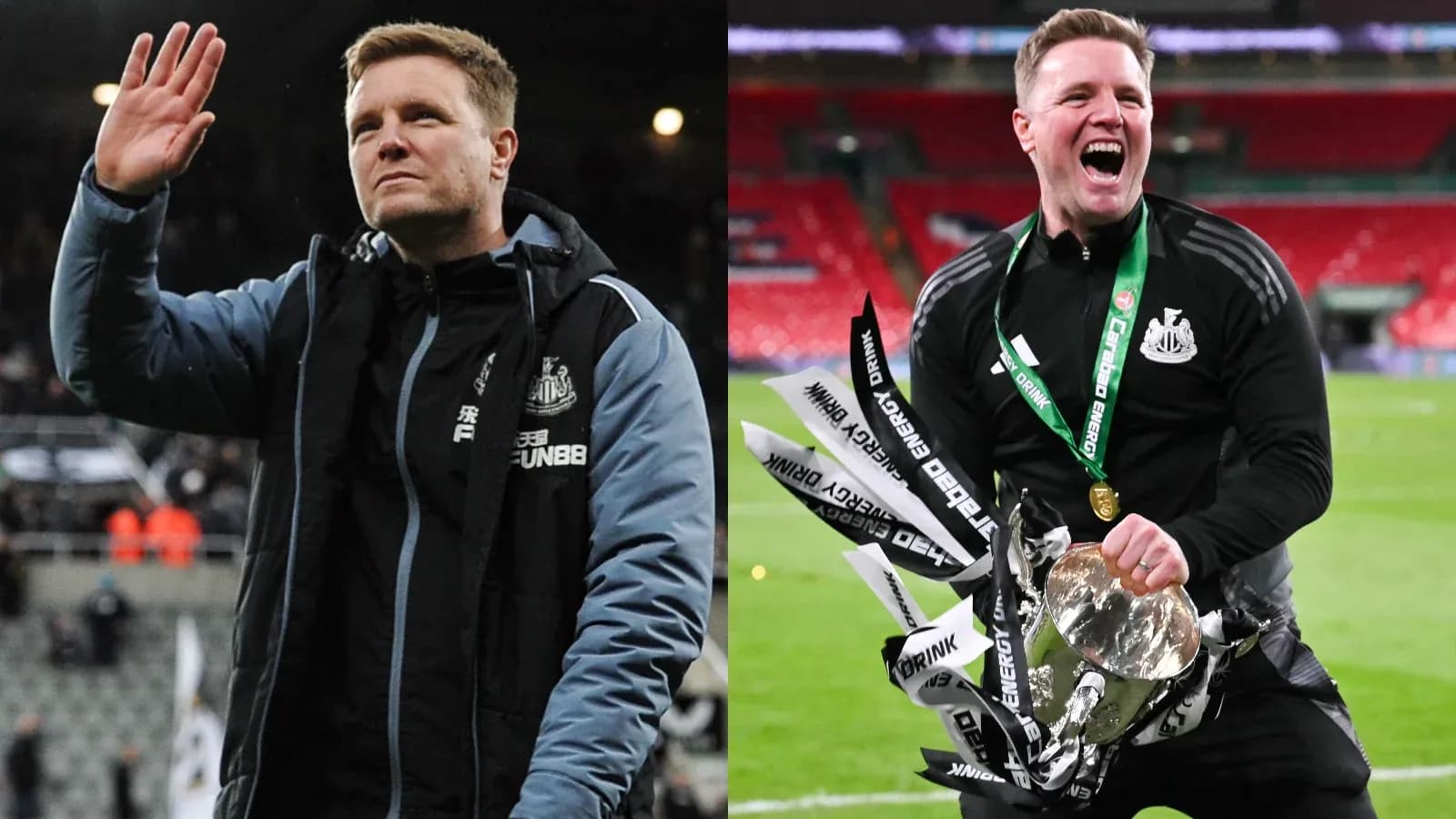 Entrenador de Newcastle saludando y celebrando trofeo Entrenador de Newcastle saludando y celebrando trofeo