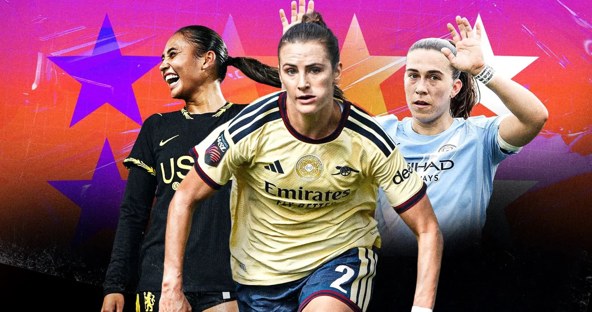 Tres jugadoras de fútbol en un fondo colorido Tres jugadoras de fútbol en un fondo colorido