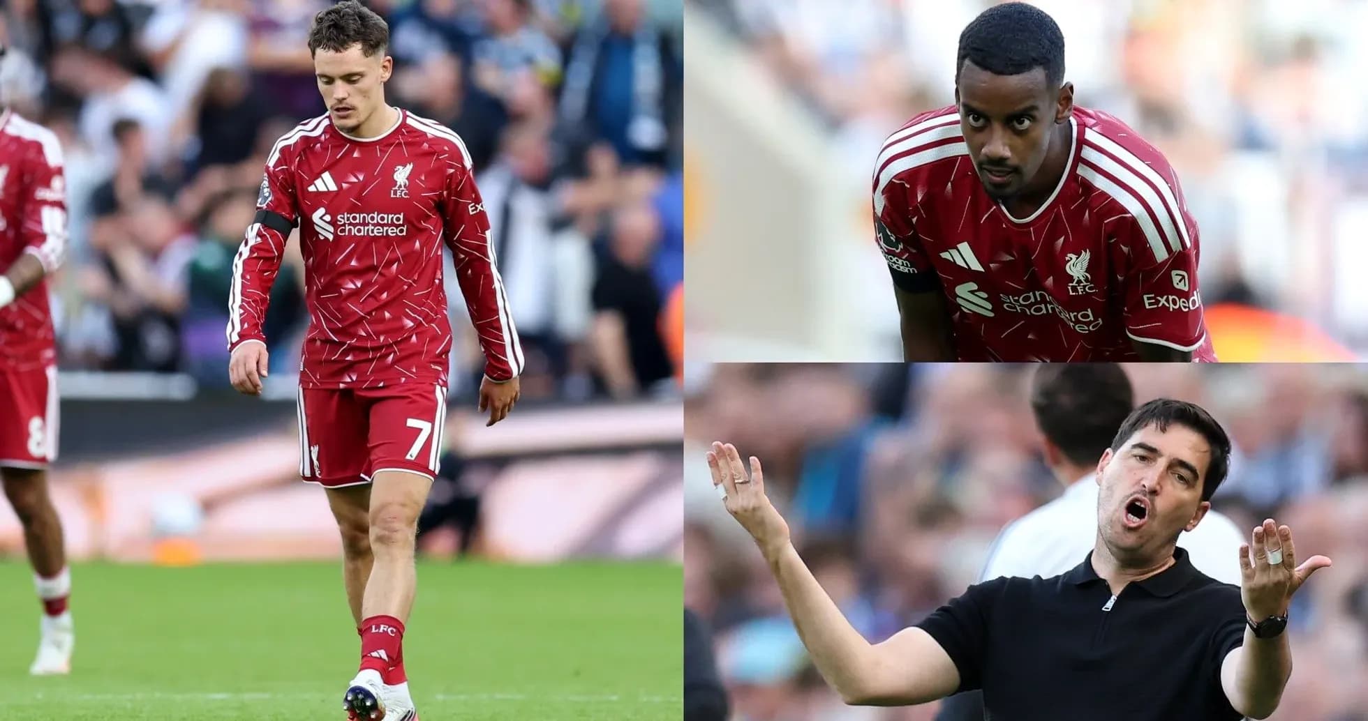 Jugadores de Liverpool en el campo y entrenador gesticulando Jugadores de Liverpool en el campo y entrenador gesticulando