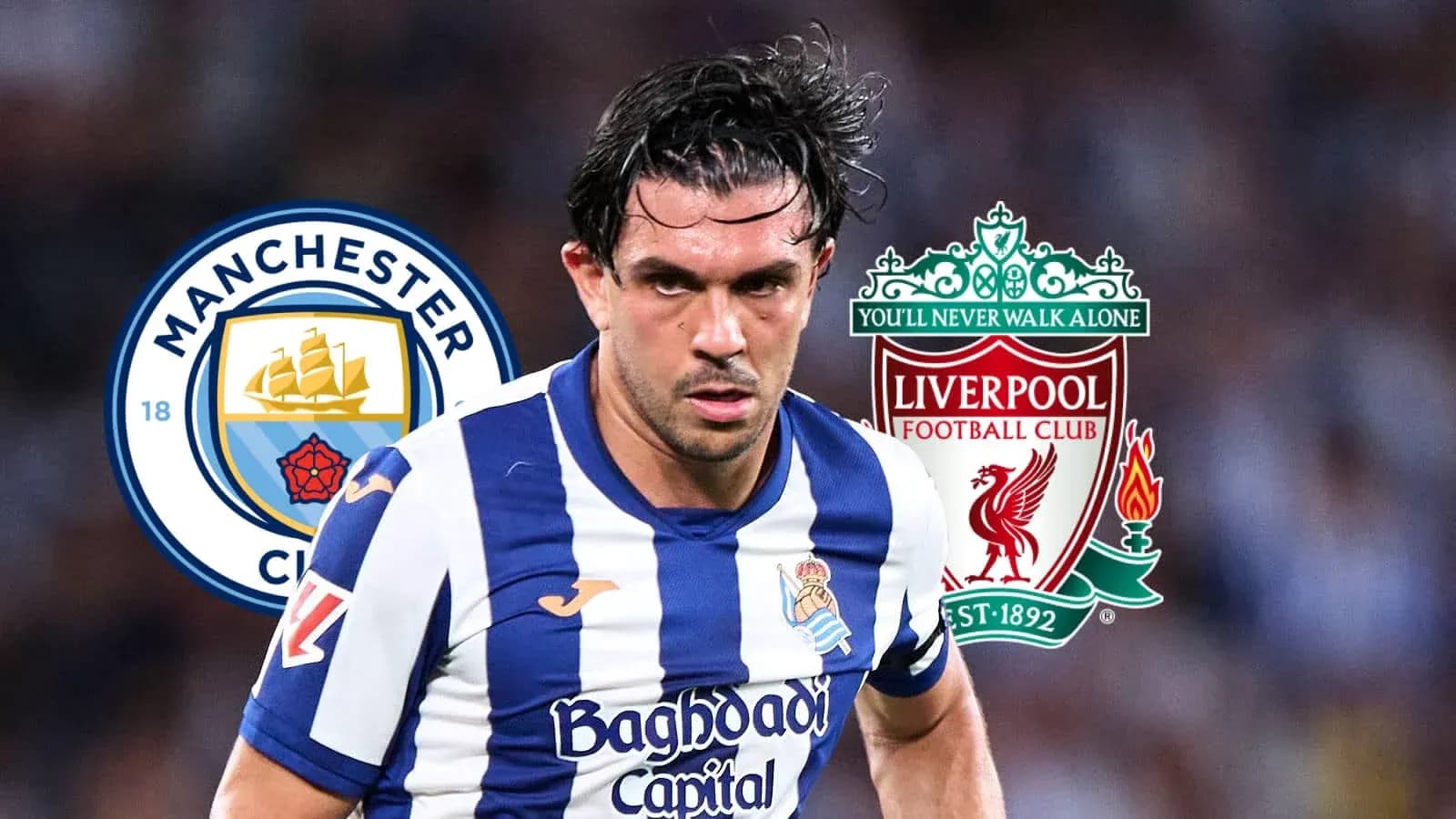 Jugador corriendo entre logos de Manchester City y Liverpool Jugador corriendo entre logos de Manchester City y Liverpool