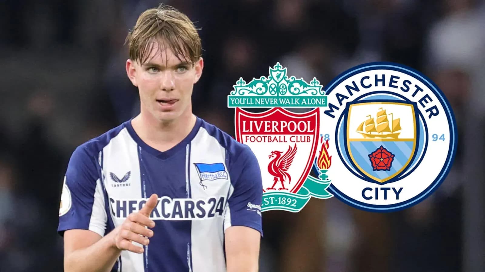 Jugador señalando mientras logos de Liverpool y Manchester City Jugador señalando mientras logos de Liverpool y Manchester City