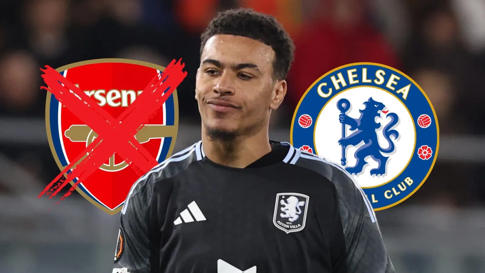 Jugador de Aston Villa entre logos de Arsenal y Chelsea Jugador de Aston Villa entre logos de Arsenal y Chelsea