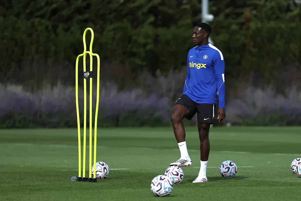 Jugador entrenando con conos y balones en campo Jugador entrenando con conos y balones en campo