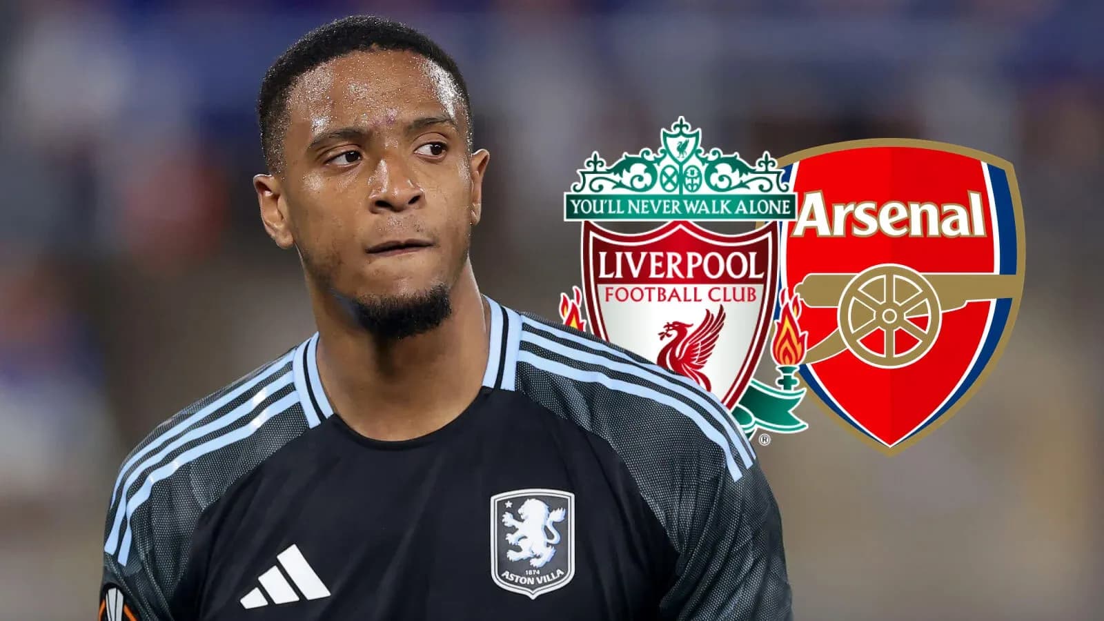 Portero con logotipos de Liverpool y Arsenal de fondo Portero con logotipos de Liverpool y Arsenal de fondo