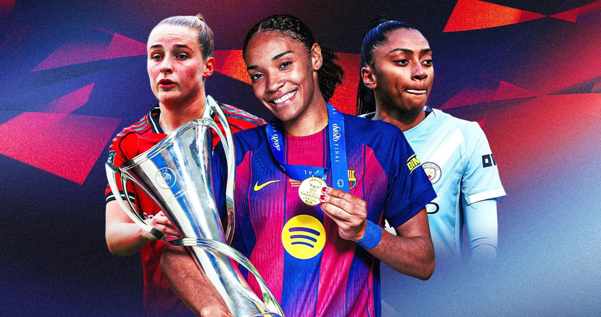 Tres jugadoras de fútbol con trofeos y medallas Tres jugadoras de fútbol con trofeos y medallas