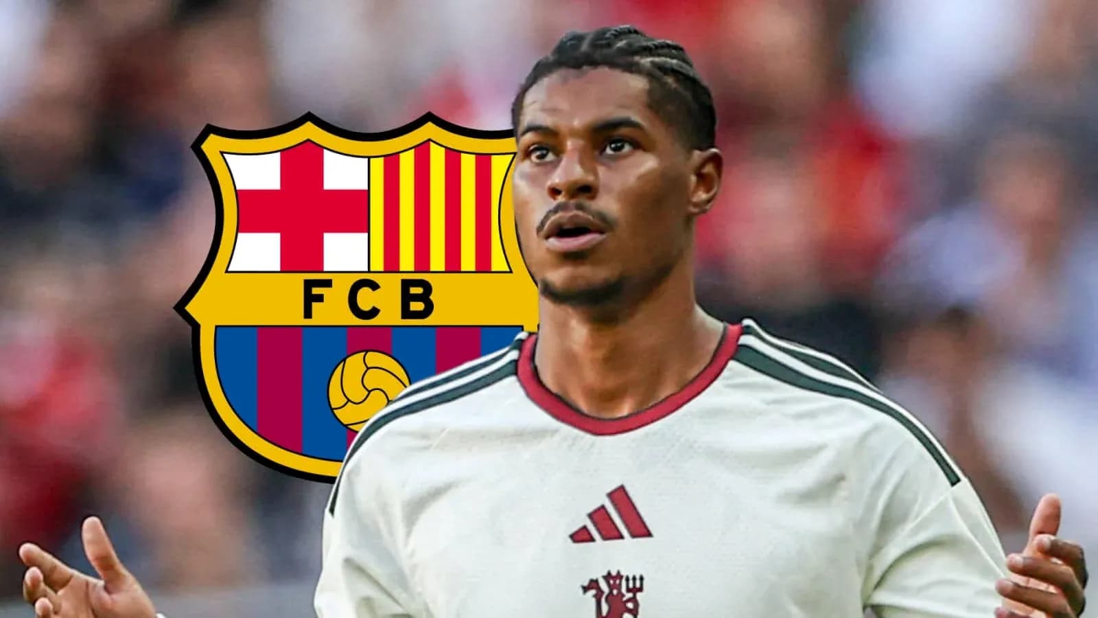 Jugador de fútbol con logo del Barcelona de fondo Jugador de fútbol con logo del Barcelona de fondo