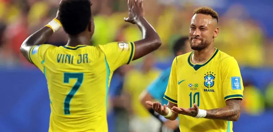 Neymar y Vinícius Jr. celebrando en partido de Brasil Neymar y Vinícius Jr. celebrando en partido de Brasil