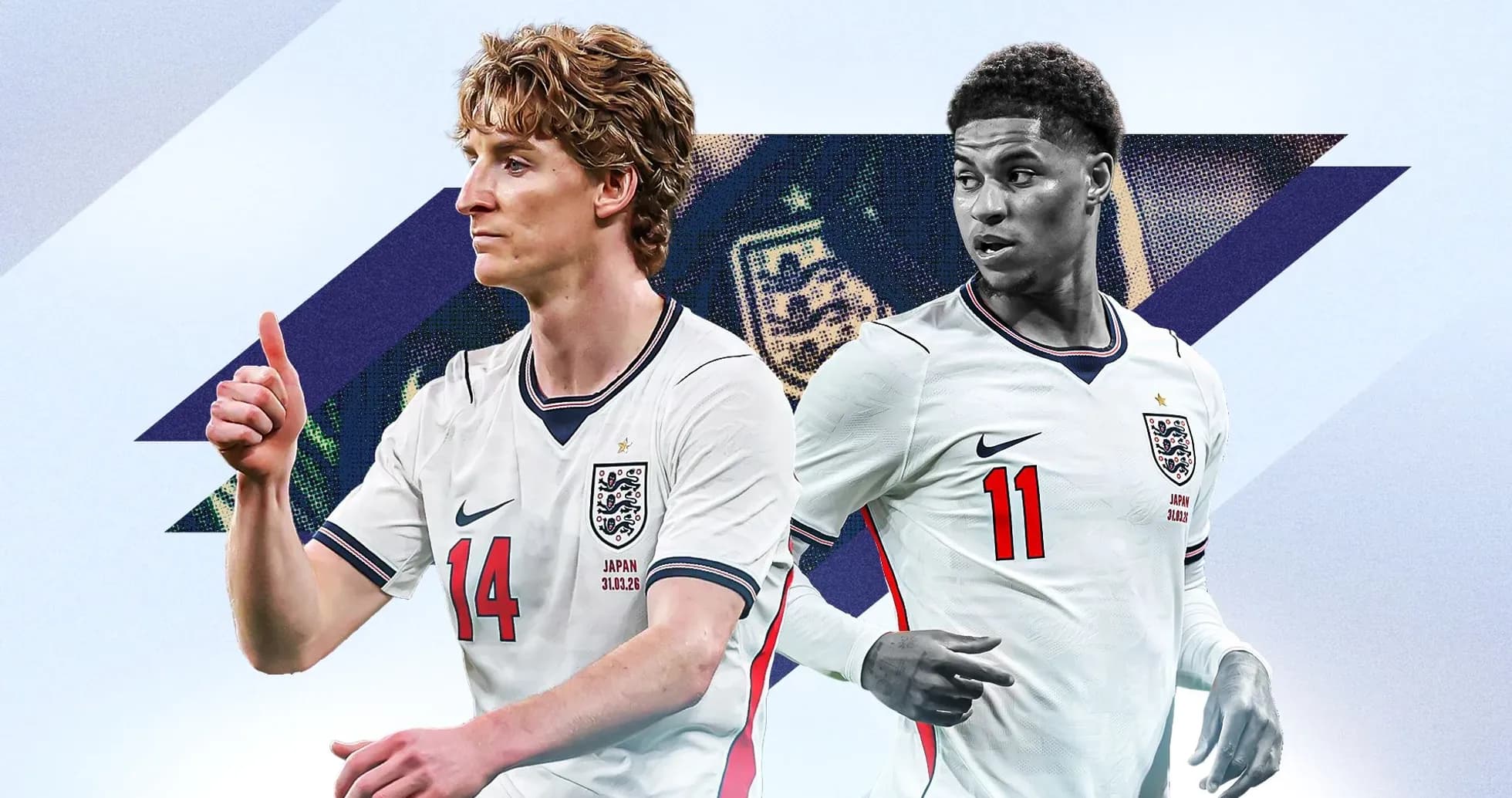 Dos jugadores de Inglaterra en uniforme de fútbol Dos jugadores de Inglaterra en uniforme de fútbol