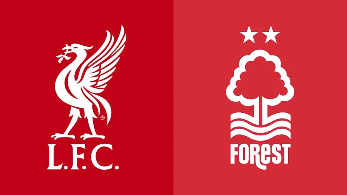 Logos de Liverpool y Nottingham Forest en fondo rojo Logos de Liverpool y Nottingham Forest en fondo rojo