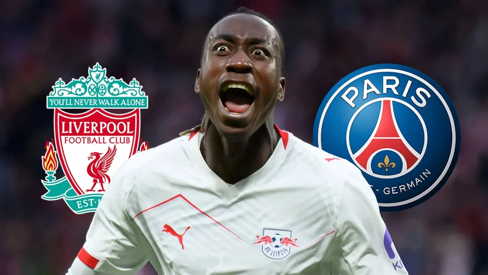 Jugador celebrando con logos de Liverpool y PSG Jugador celebrando con logos de Liverpool y PSG