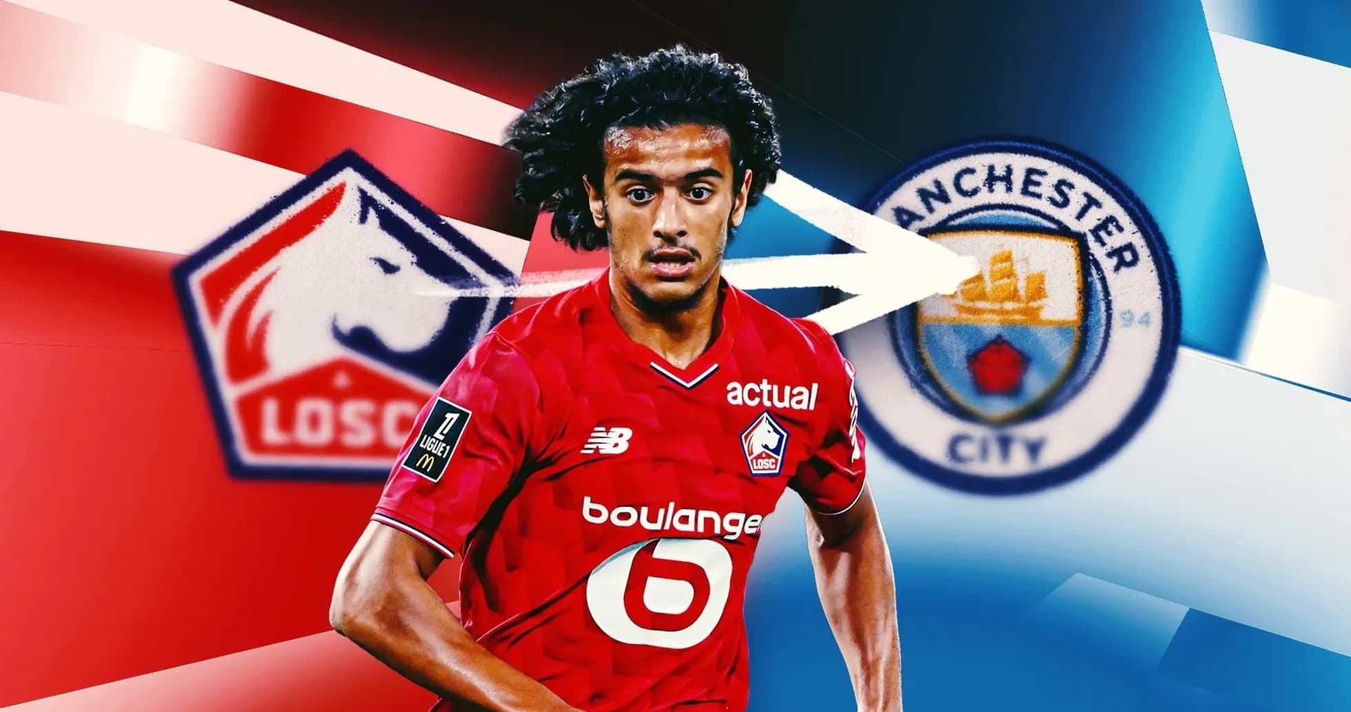 Jugador de LOSC Lille con logos de clubes de fondo Jugador de LOSC Lille con logos de clubes de fondo