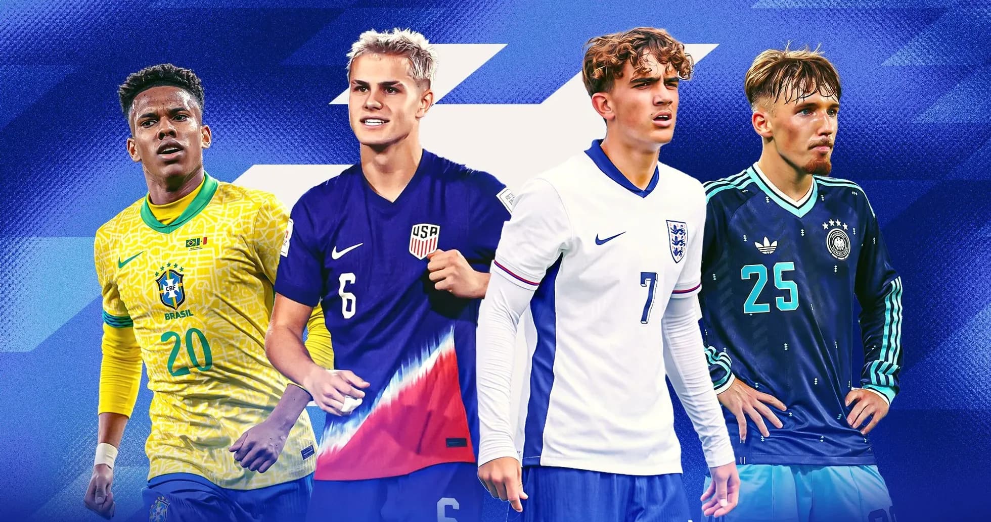 Cuatro jugadores de fútbol en sus camisetas nacionales Cuatro jugadores de fútbol en sus camisetas nacionales