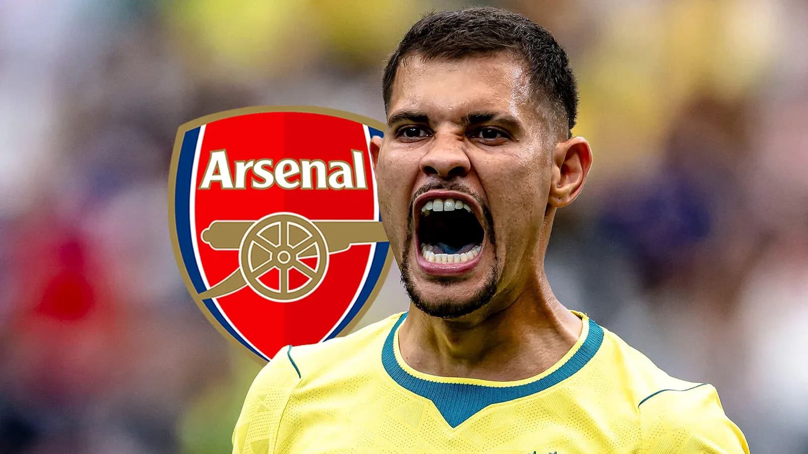 Jugador gritando con el logo de Arsenal de fondo Jugador gritando con el logo de Arsenal de fondo