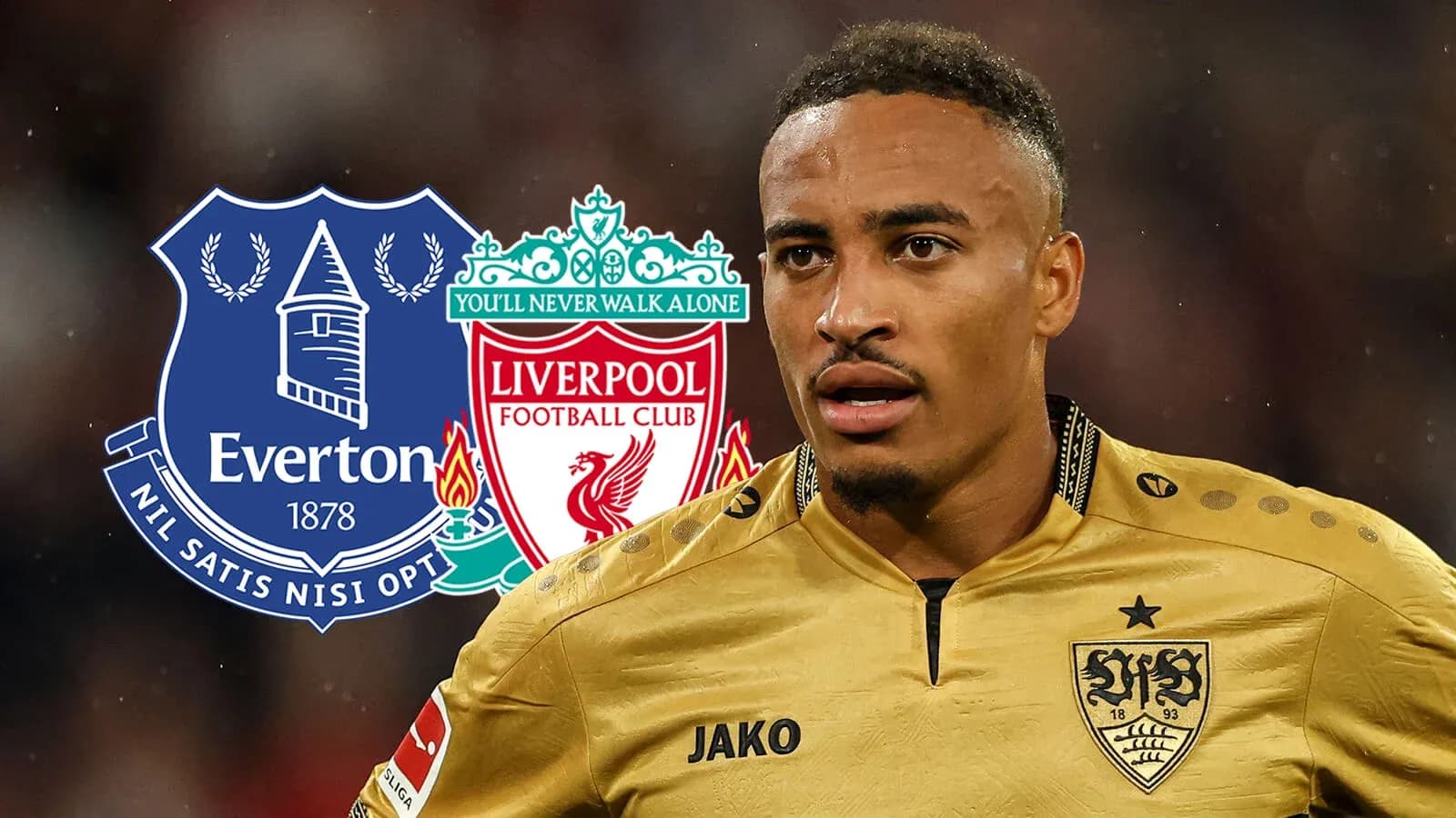Jugador con logos de Everton y Liverpool de fondo Jugador con logos de Everton y Liverpool de fondo