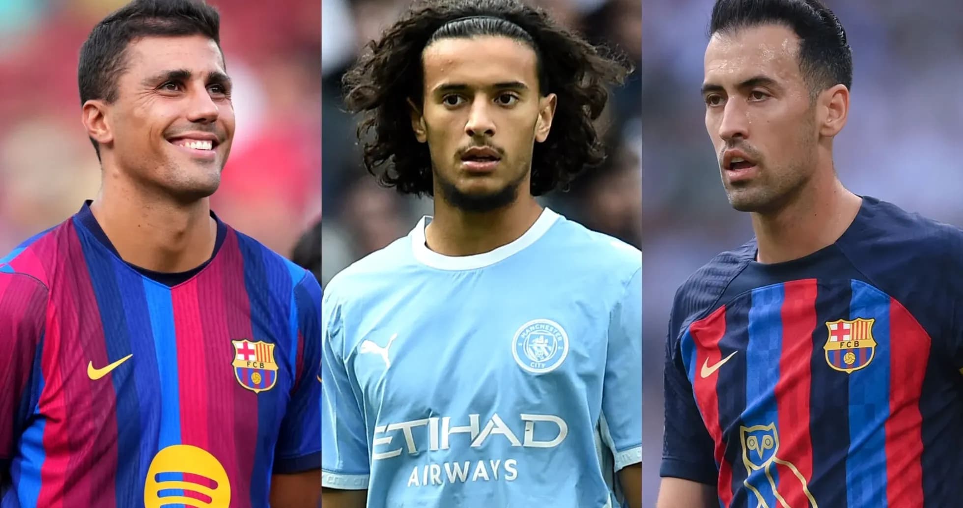 Jugadores de fútbol en camisetas de Barcelona y Manchester City Jugadores de fútbol en camisetas de Barcelona y Manchester City