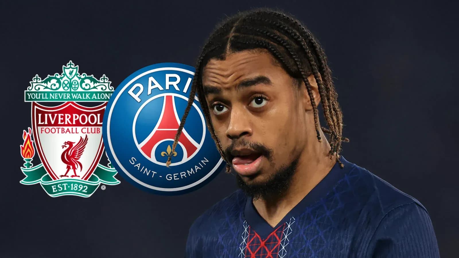 Jugador con camiseta de PSG frente a logos de Liverpool y PSG Jugador con camiseta de PSG frente a logos de Liverpool y PSG