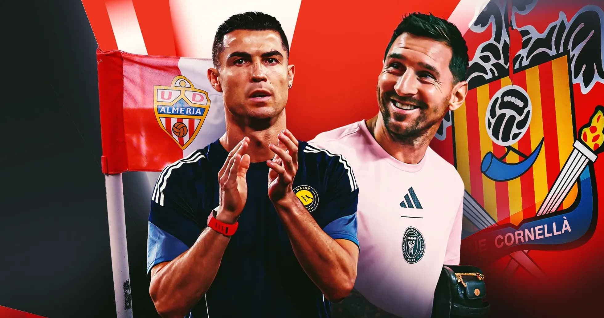 Cristiano Ronaldo y portero frente a banderas de equipos Cristiano Ronaldo y portero frente a banderas de equipos