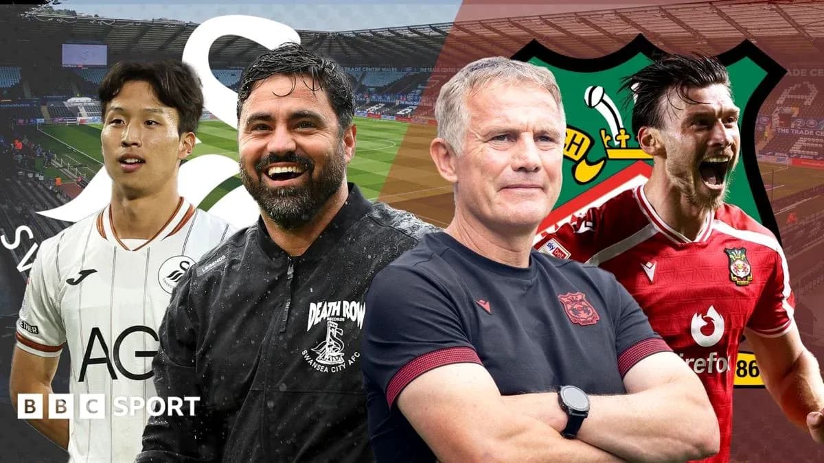 Jugadores y entrenadores de Swansea y Wrexham en el estadio Jugadores y entrenadores de Swansea y Wrexham en el estadio
