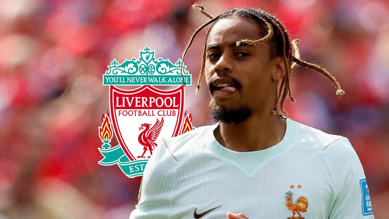 Jugador corriendo con logo de Liverpool de fondo Jugador corriendo con logo de Liverpool de fondo