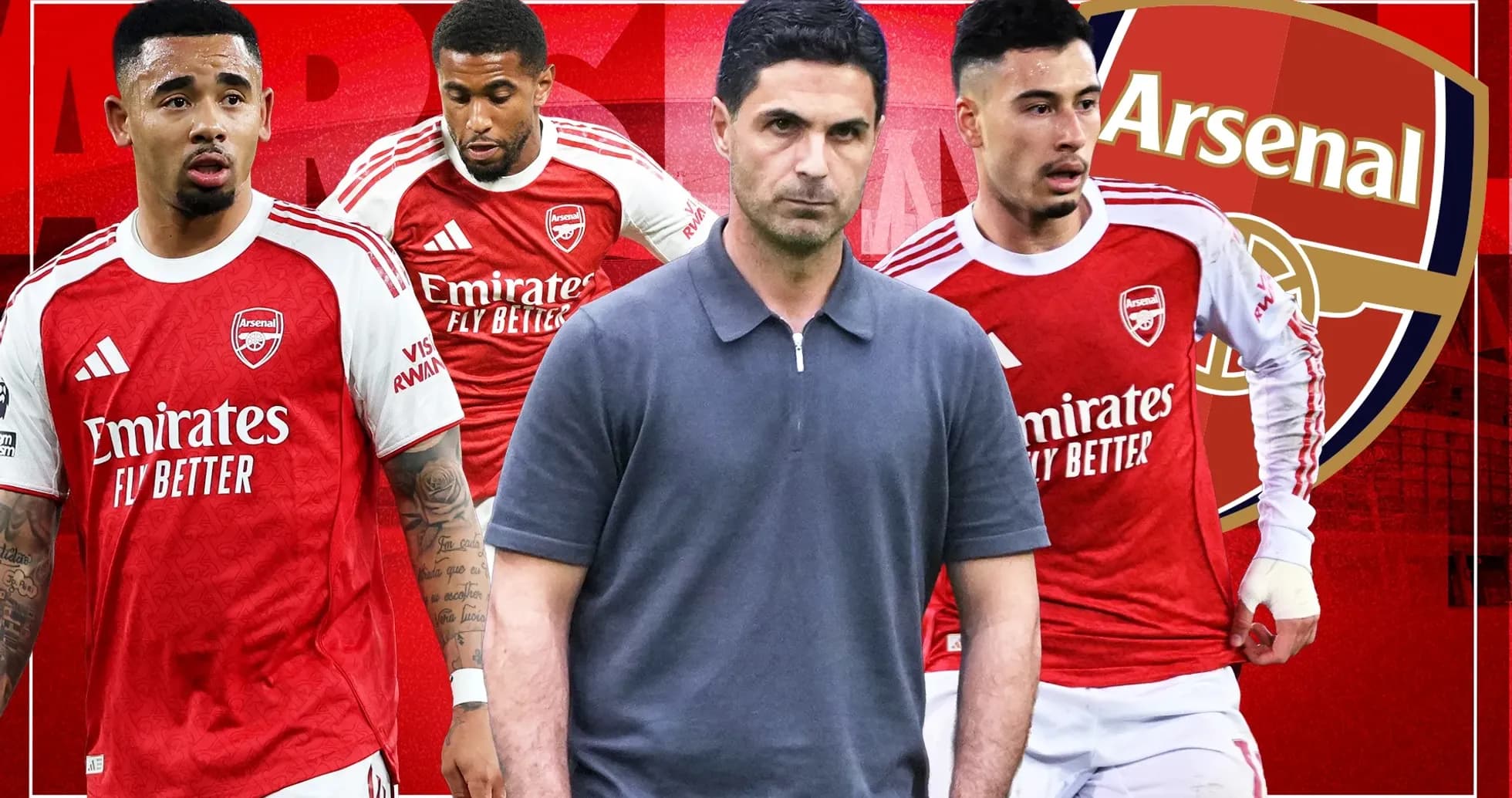Jugadores de Arsenal y entrenador en fondo rojo Jugadores de Arsenal y entrenador en fondo rojo