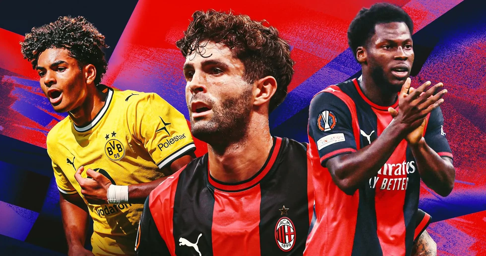 Jugadores de fútbol en camisetas de Borussia Dortmund y AC Milan Jugadores de fútbol en camisetas de Borussia Dortmund y AC Milan
