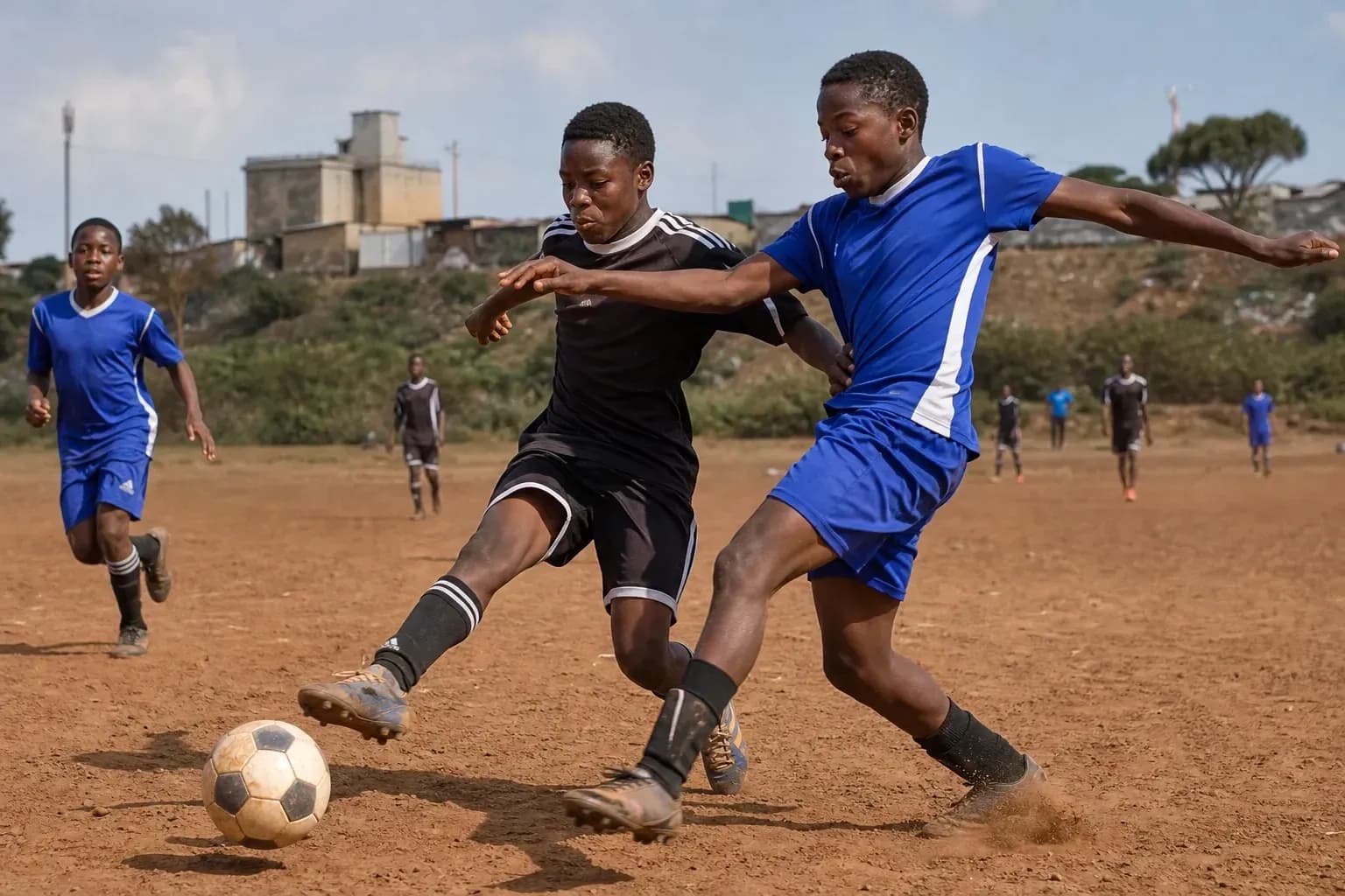 Jugadores compitiendo por el balón en campo de fútbol Jugadores compitiendo por el balón en campo de fútbol