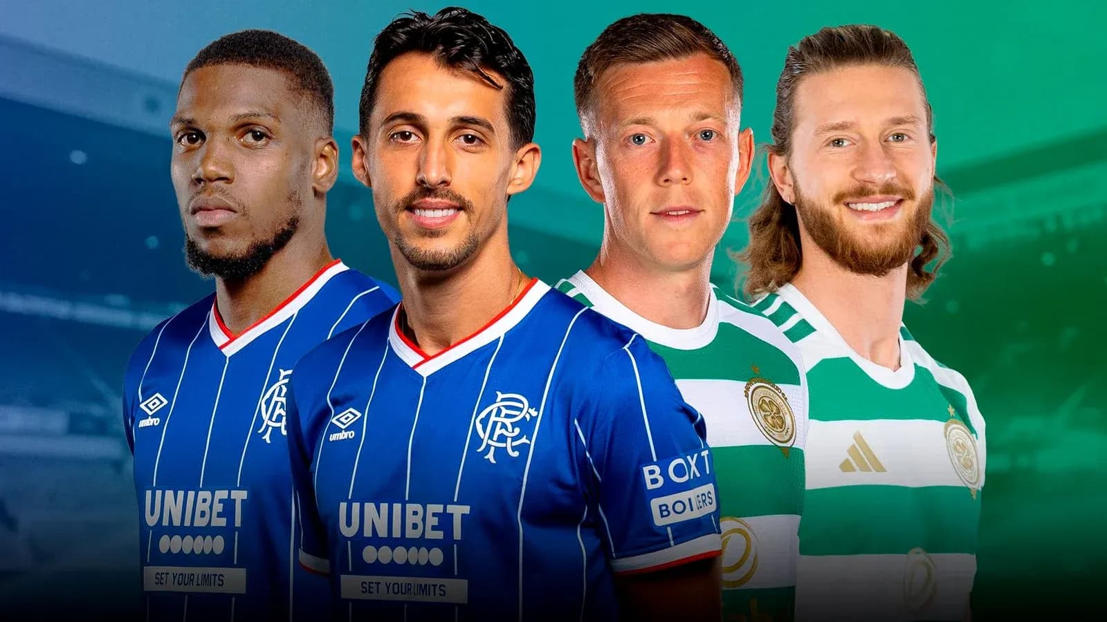 Jugadores de Rangers y Celtic en uniforme de equipo Jugadores de Rangers y Celtic en uniforme de equipo