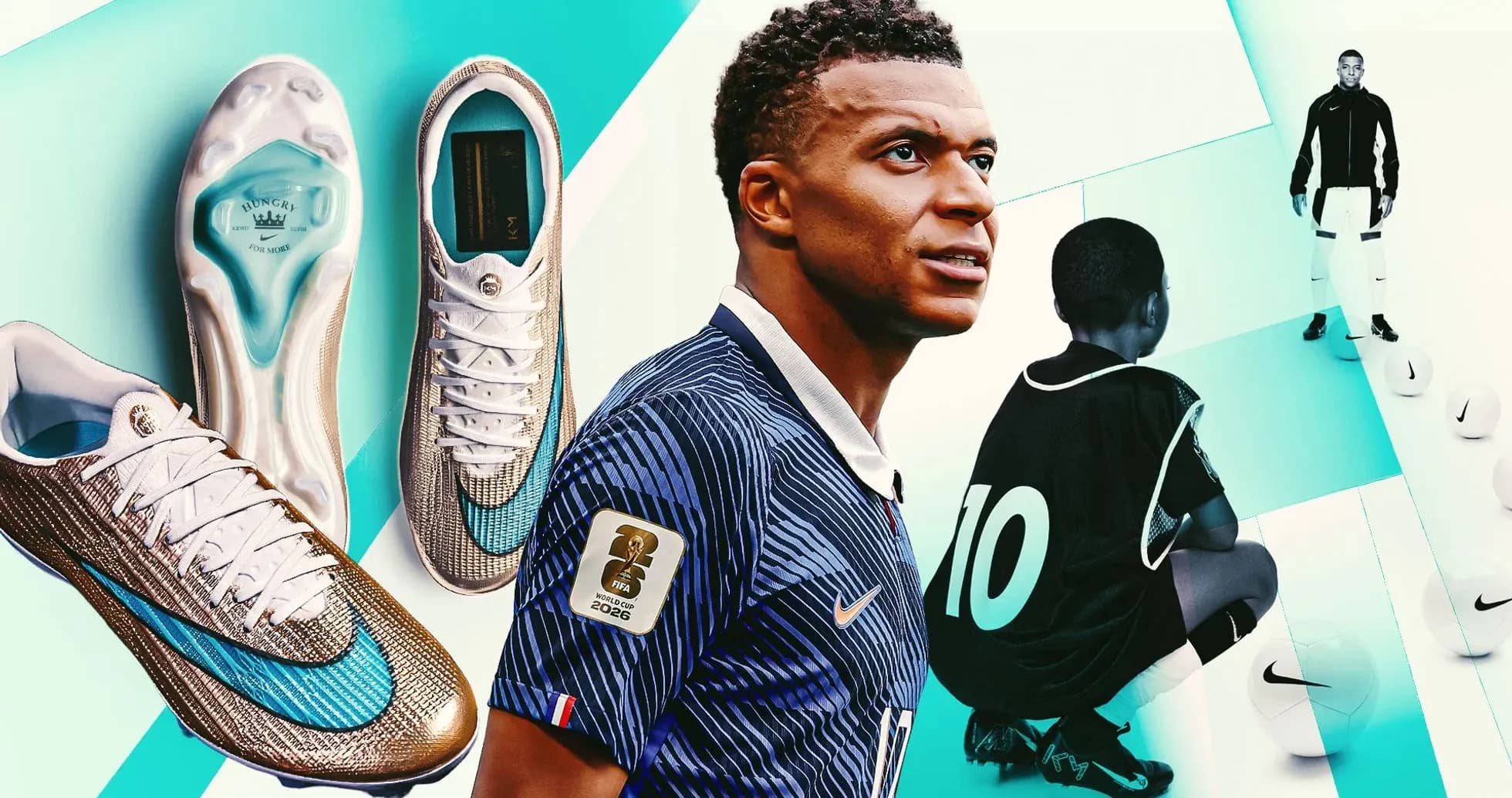 Kylian Mbappé con botas de fútbol y balón Kylian Mbappé con botas de fútbol y balón