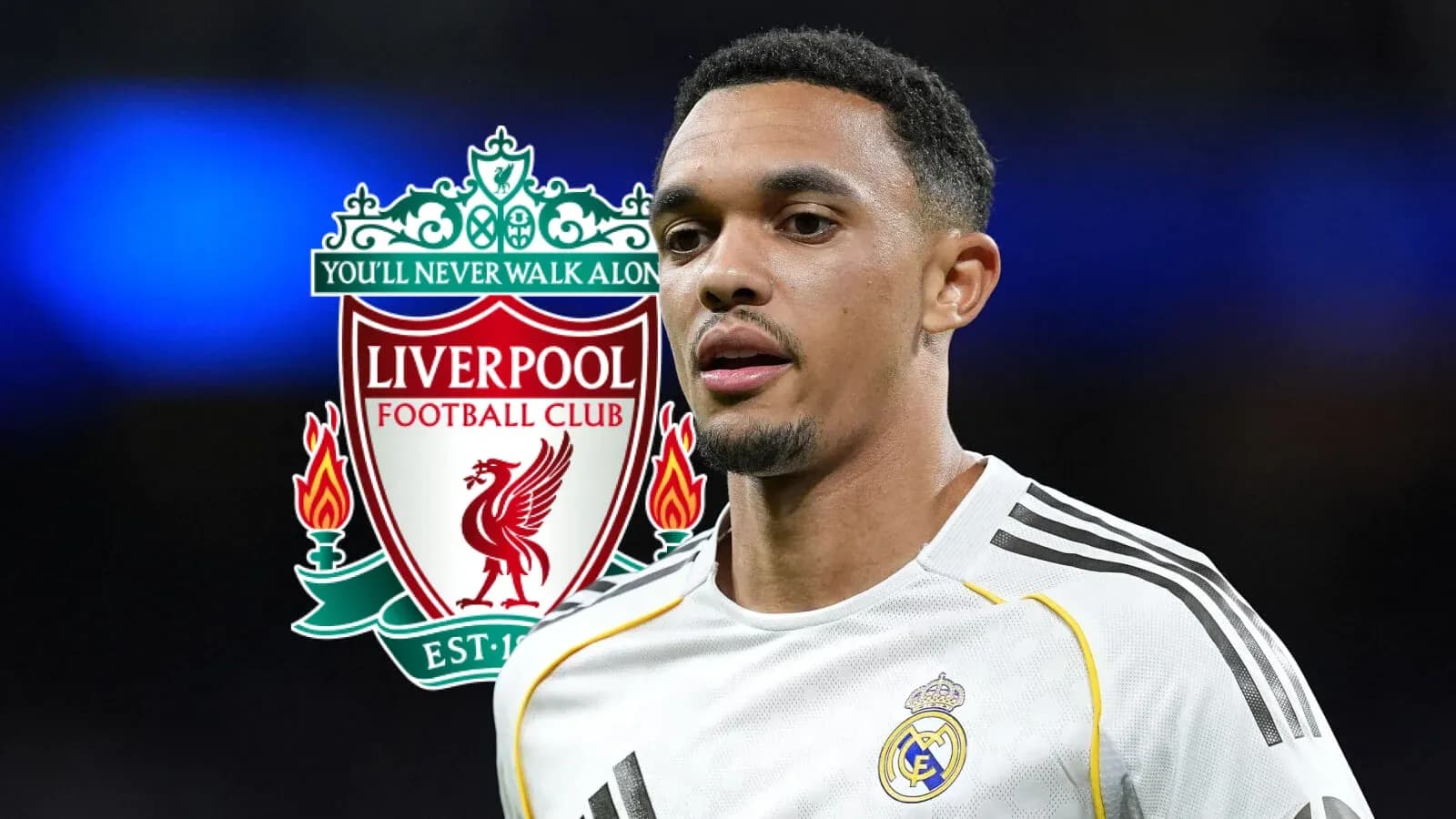 Jugador con camiseta del Real Madrid y logo de Liverpool Jugador con camiseta del Real Madrid y logo de Liverpool