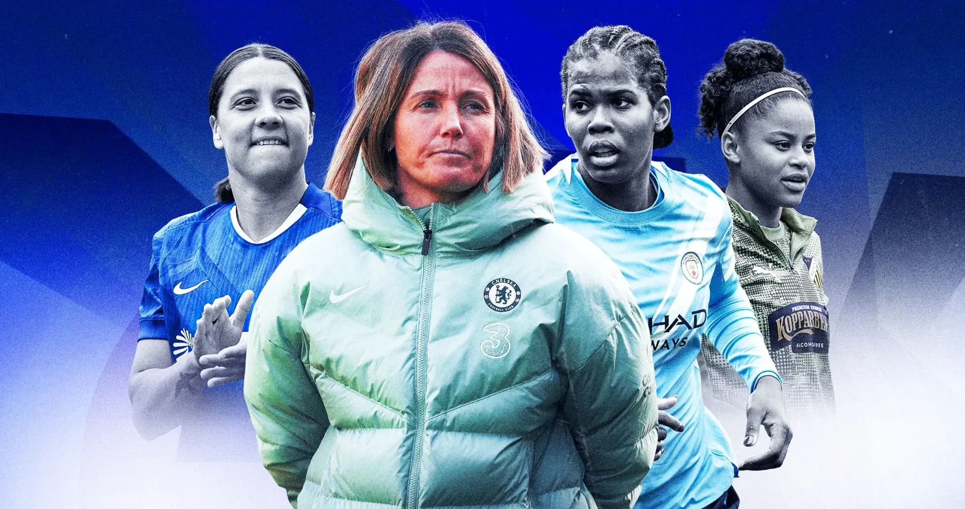 Jugadoras de fútbol y entrenadora en fondo azul Jugadoras de fútbol y entrenadora en fondo azul