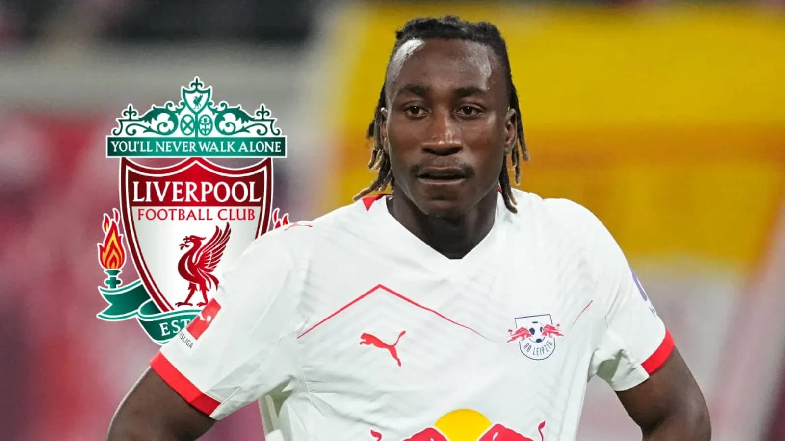 Jugador de RB Leipzig con logo de Liverpool en fondo Jugador de RB Leipzig con logo de Liverpool en fondo