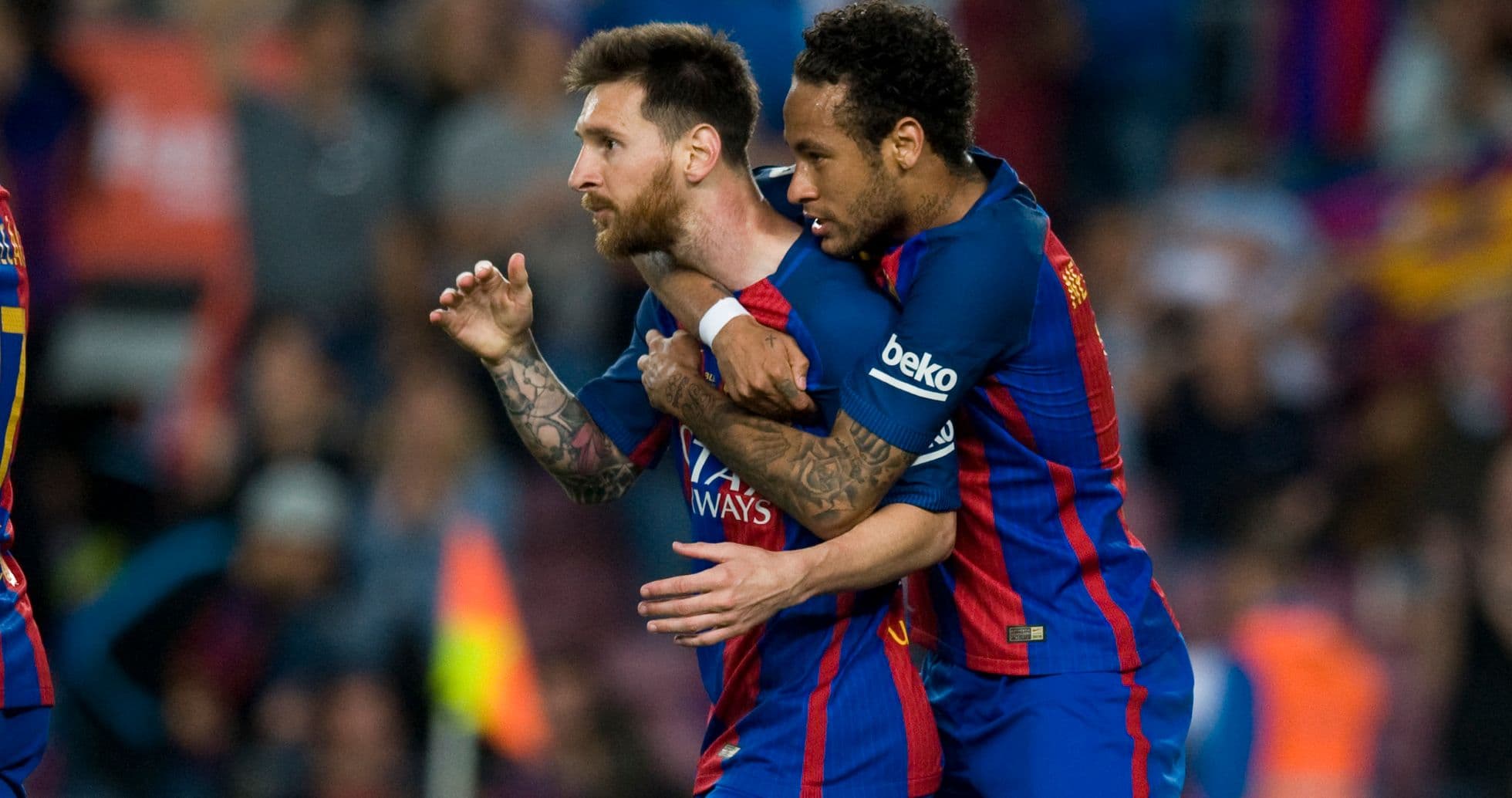 Messi y Neymar celebrando un gol juntos Messi y Neymar celebrando un gol juntos