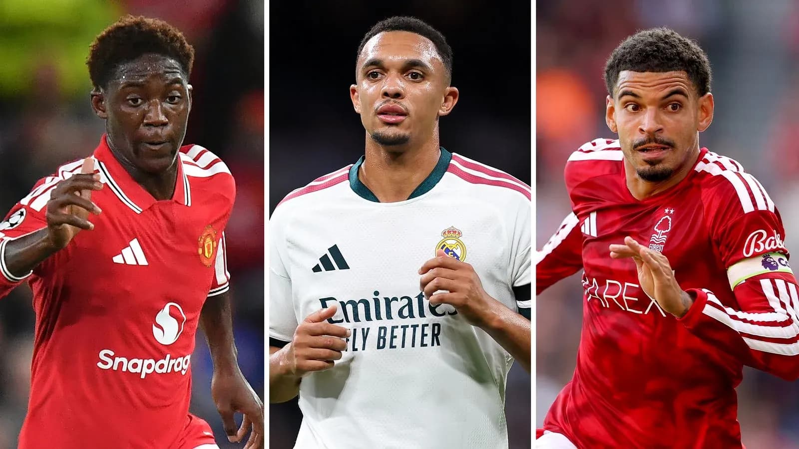 Tres jugadores en sus respectivos uniformes de fútbol Tres jugadores en sus respectivos uniformes de fútbol