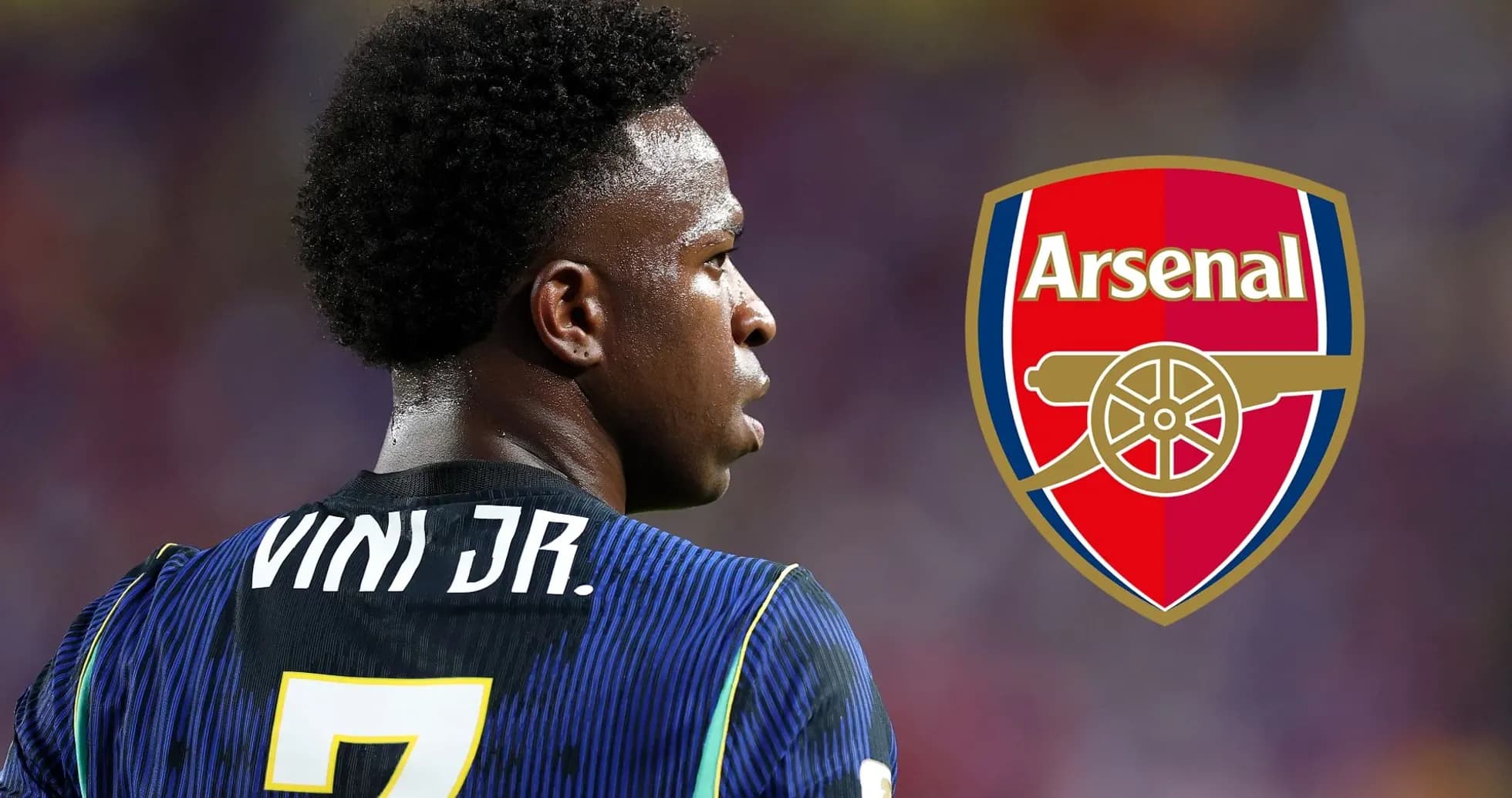 Jugador de fútbol con camiseta de Vini Jr. y escudo de Arsenal Jugador de fútbol con camiseta de Vini Jr. y escudo de Arsenal
