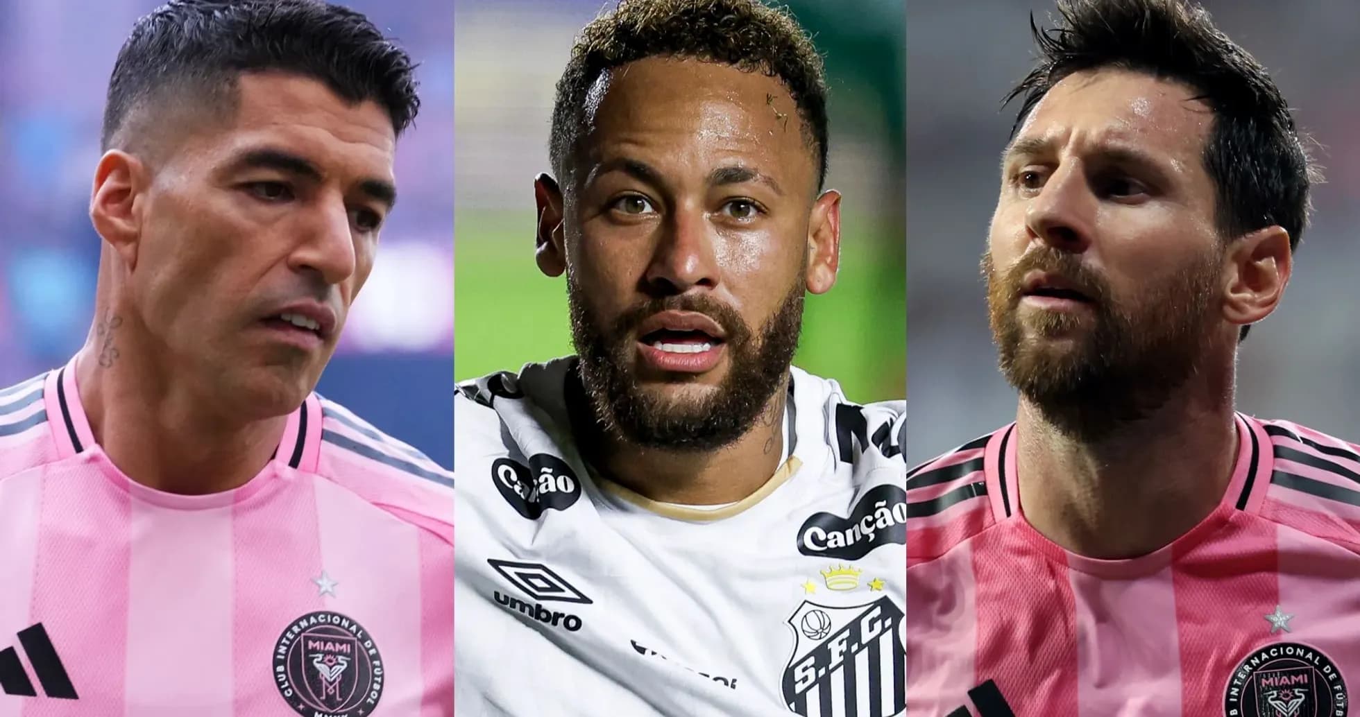 Luis Suárez, Neymar y Lionel Messi en uniformes de fútbol Luis Suárez, Neymar y Lionel Messi en uniformes de fútbol