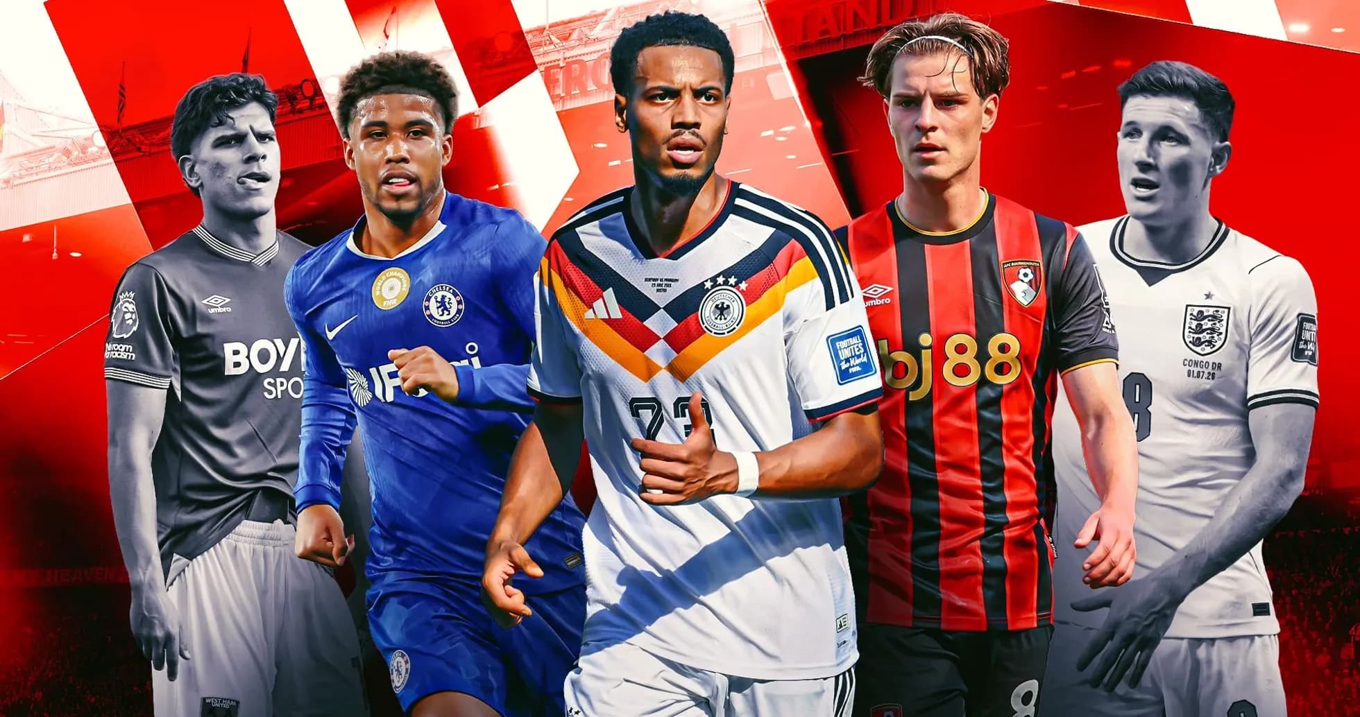 Cinco jugadores de fútbol en diferentes camisetas Cinco jugadores de fútbol en diferentes camisetas